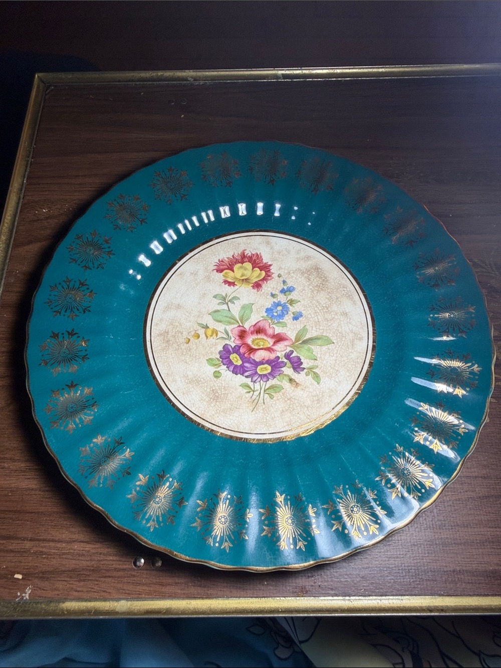 Vintage 1950s Royal Victoria Wade Pottery Decorative Plate - Teal & Gold Floral